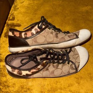 Coach Beige Signature Canvas Low-Top Sneakers with Black Trim